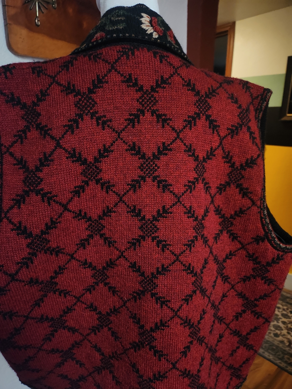 Red Embroidered Knit Vest with Floral Trim - Women's Layering Vest - Picture 8 of 10